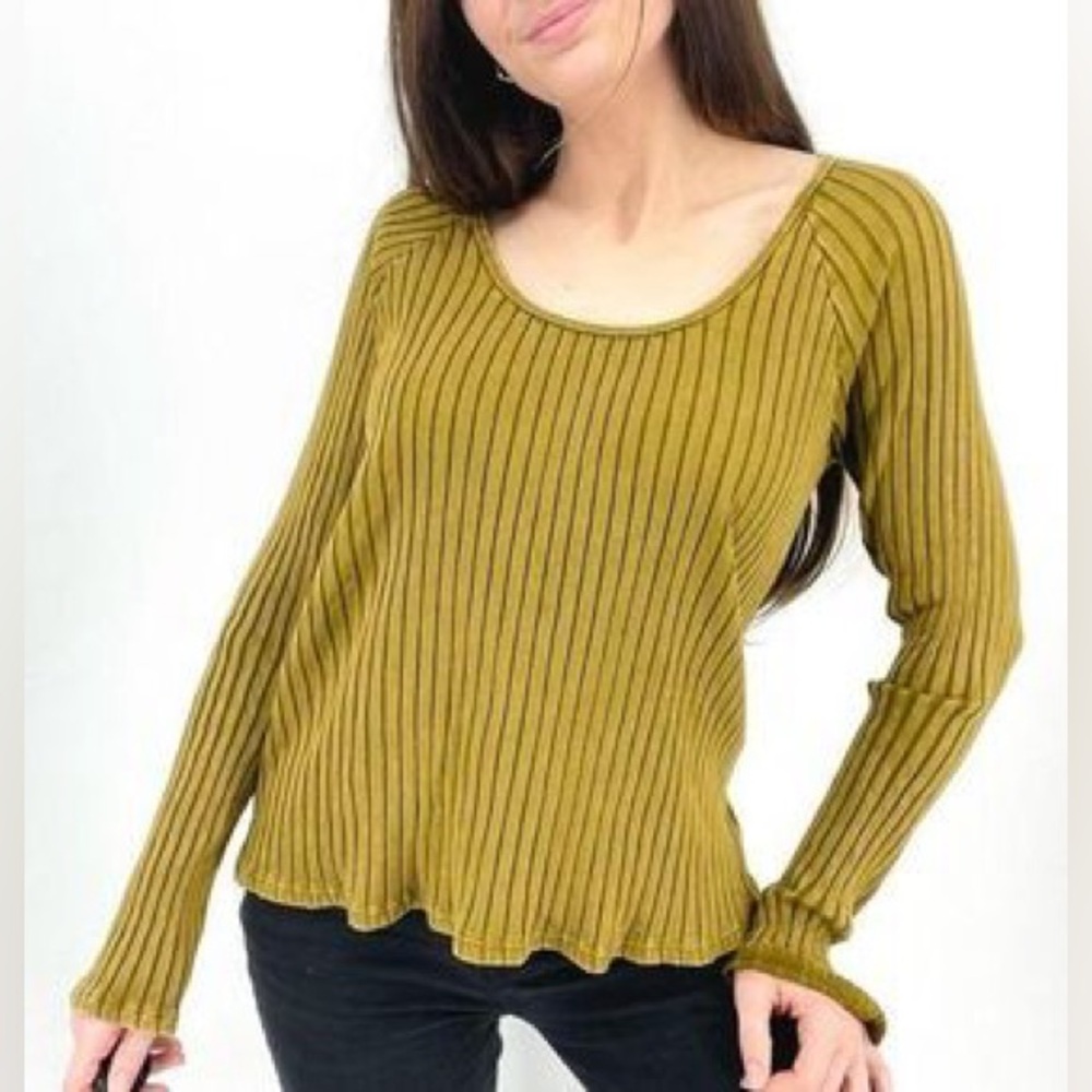 Knox Rose Indie Sleeze Green Ribbed Long-Sleeved Top, Size Medium